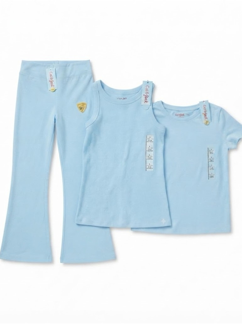 Cat & Jack Light Blue Kids Flare Leggings, Tank Top, and T-Shirt Bundle